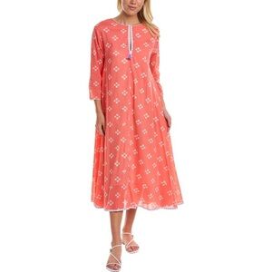Ro's Garden Tasha Midi Dress Size L Coral Print Pockets Tassel Cotton Sundress